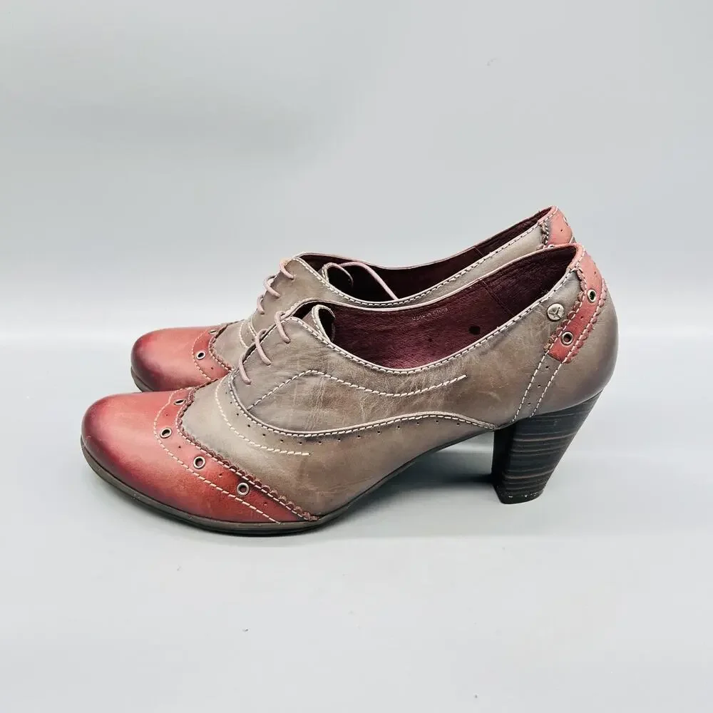 Pikolinos Shoes Womens 10.5 Brown Leather Colorblock Lace Up Wingtip Heel Pumps